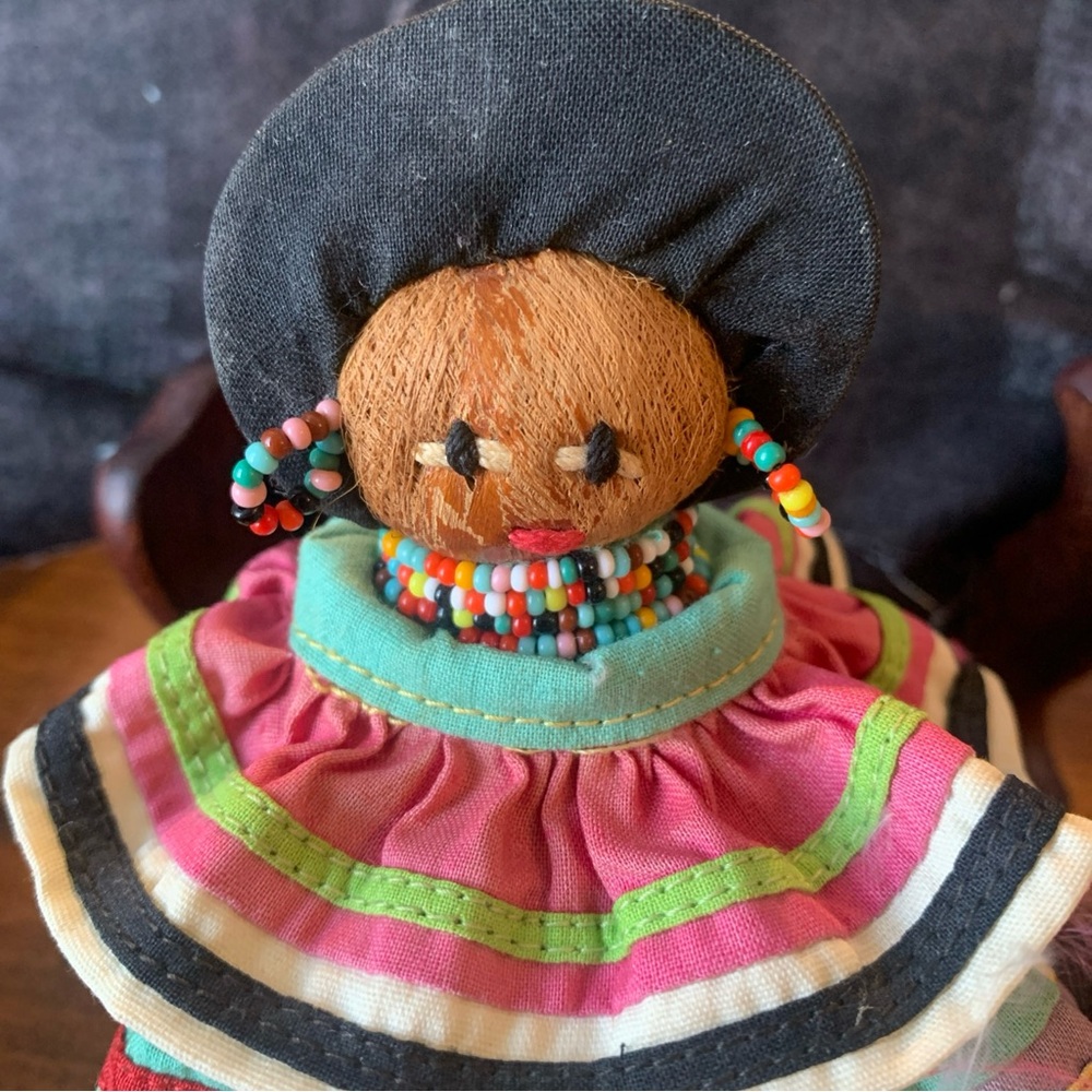 Peruvian handmade folk art Doll textile vtg beaded 5” tall